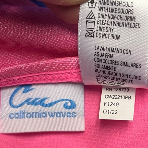 California Waves Swimwear L Bottom‎ Pink Metallic Ruched Stretch Hipster Trendy - Picture 8 of 9